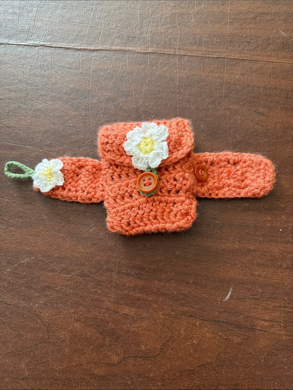 Brand New Hand Crocheted Wrist Pouch With Buttons; 4” x 3.25”/Coral